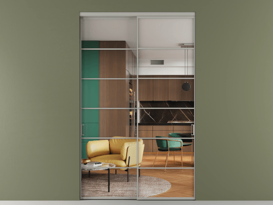 Алюминевая перегородка АЛПР 040.04_АНСР_Crystalvision_new. Цвет Алюминий нейтральный серый. Материал Алюминий в эмали. Коллекция Перегородка Formato внутри проёма 2 створки. Картинка.