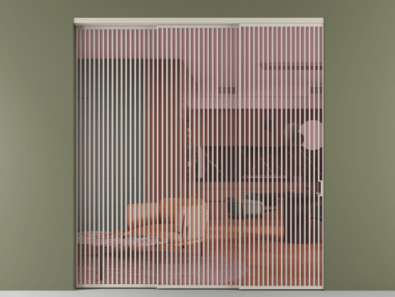 Алюминевая перегородка АЛПР 040.06_АСБЖ_ПРОЗ РОЗ_new. Цвет Алюминий светло-бежевый. Материал Алюминий в эмали. Коллекция Перегородка Formato внутри проёма 3 створки с синхронным механизмом. Картинка.