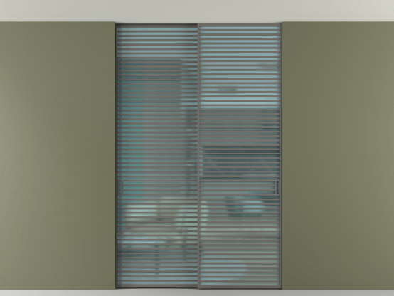 Алюминевая перегородка АЛПР 040.07_АКЛС_САТ ГОЛ_new. Цвет Алюминий классический серый. Материал Алюминий в эмали. Коллекция Перегородка Formato внутри проёма скрытое крепление в потолок 2 створки. Картинка.