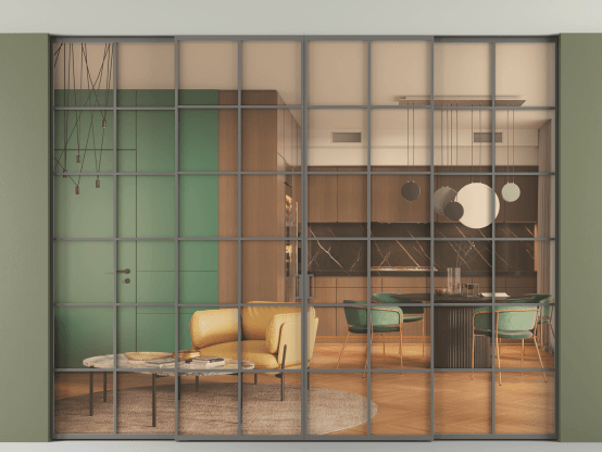 Алюминевая перегородка АЛПР 040.05_АКЛС_ПРОЗ ОРАНЖ_new. Цвет Алюминий классический серый. Материал Алюминий в эмали. Коллекция Перегородка Formato внутри проёма скрытое крепление в потолок 4 створки. Картинка.